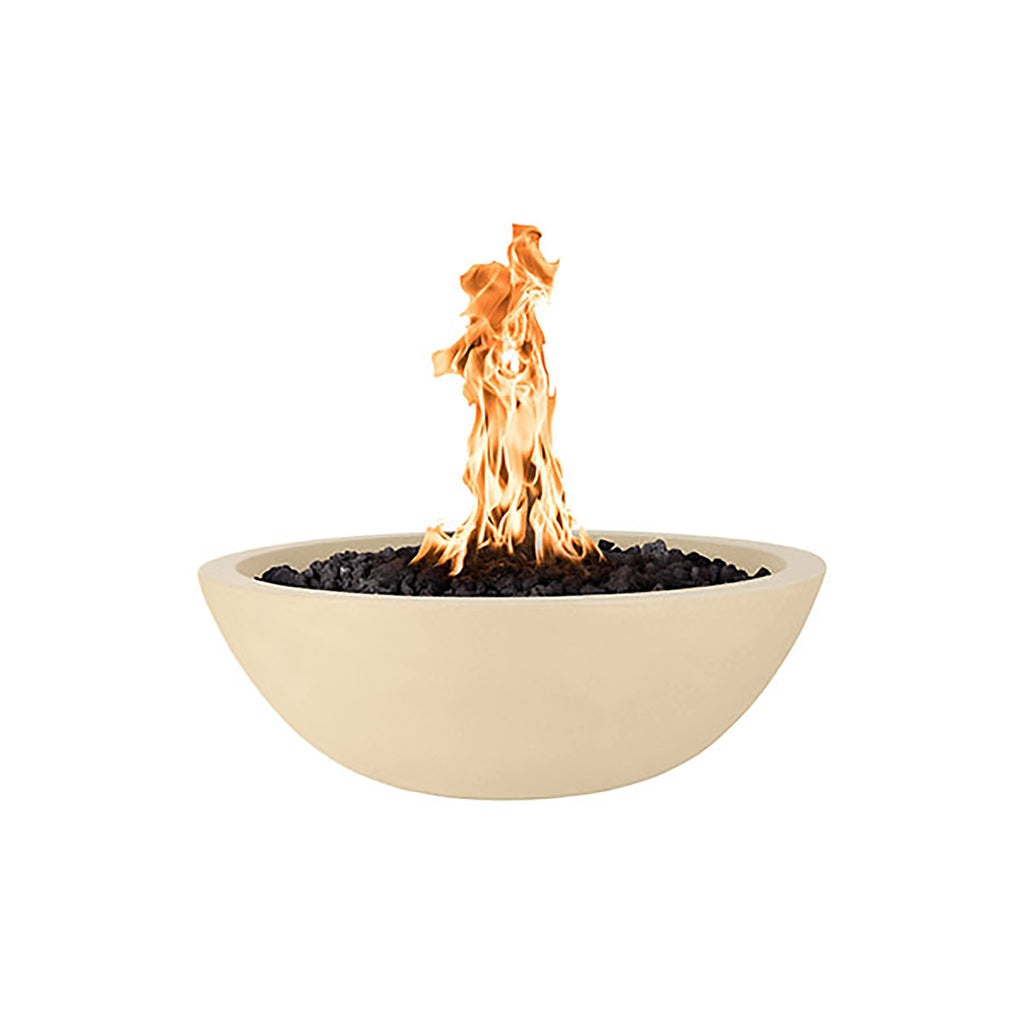The Outdoor Plus 27-inch round Sedona fire bowl in a soft vanilla cream finish, offering a gentle and inviting aesthetic for outdoor environments. Its smooth texture and light hue make it ideal for brightening up patios and poolside areas.