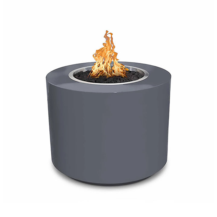 The Outdoor Plus 30-inch Beverly Steel Gas Fire Pit in gray powder-coated steel. This contemporary round fire pit offers a minimalist design with a durable, weather-resistant powder-coated finish, making it ideal for outdoor use on patios, decks, and backyard spaces.