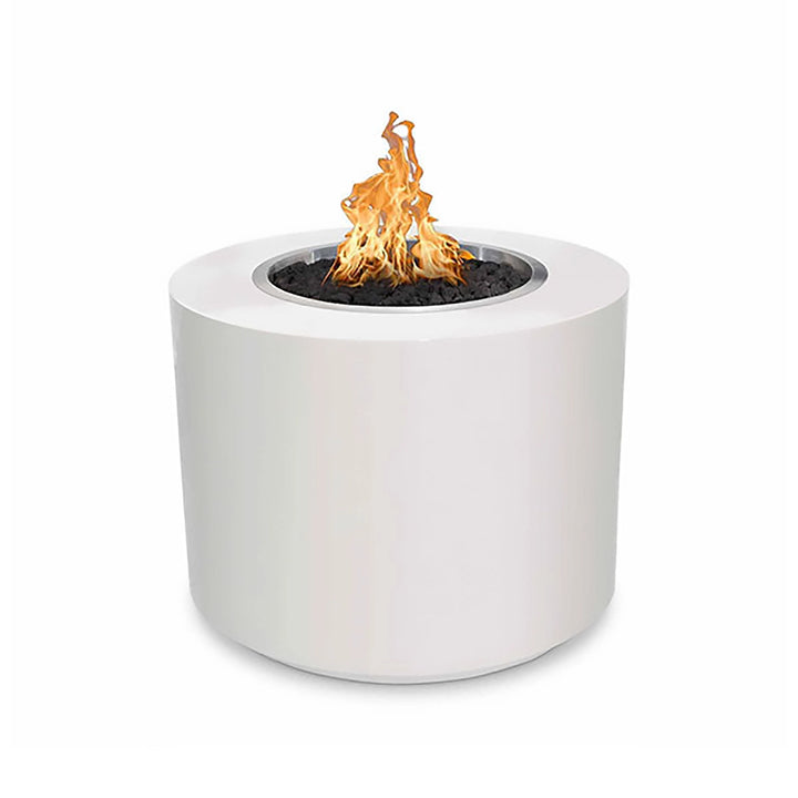 The Outdoor Plus 30-inch Beverly Steel Gas Fire Pit in white powder-coated steel. This elegant round fire pit offers a clean, modern design with a durable powder-coated finish, ideal for outdoor use in contemporary patios or decks. Provides warmth and style for outdoor gatherings.