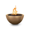 The Outdoor Plus 30-inch Luna Concrete Gas Fire Pit in bronze, showcasing a spherical design with vibrant flames emerging from the center. This gas fire pit is crafted from premium concrete, offering long-lasting durability. It is ideal for outdoor living spaces, creating a cozy ambiance for any backyard or patio setting. 