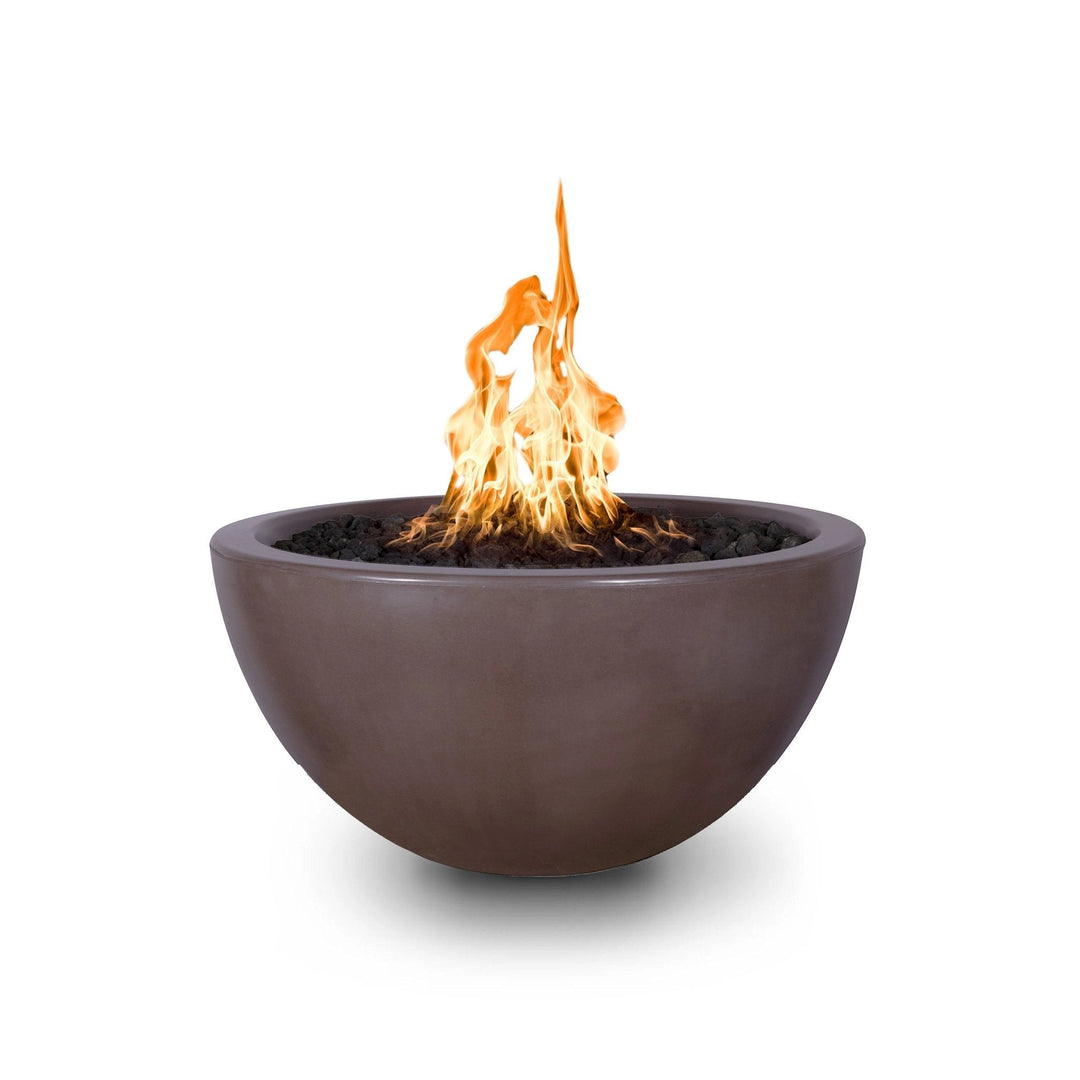 The Outdoor Plus 30-inch Luna Concrete Gas Fire Pit in a chestnut finish, featuring a rounded design with a smooth chestnut surface and a radiant flame. Ideal for modern outdoor fire pits, concrete fire bowls, backyard fire features, and luxury patio heating solutions