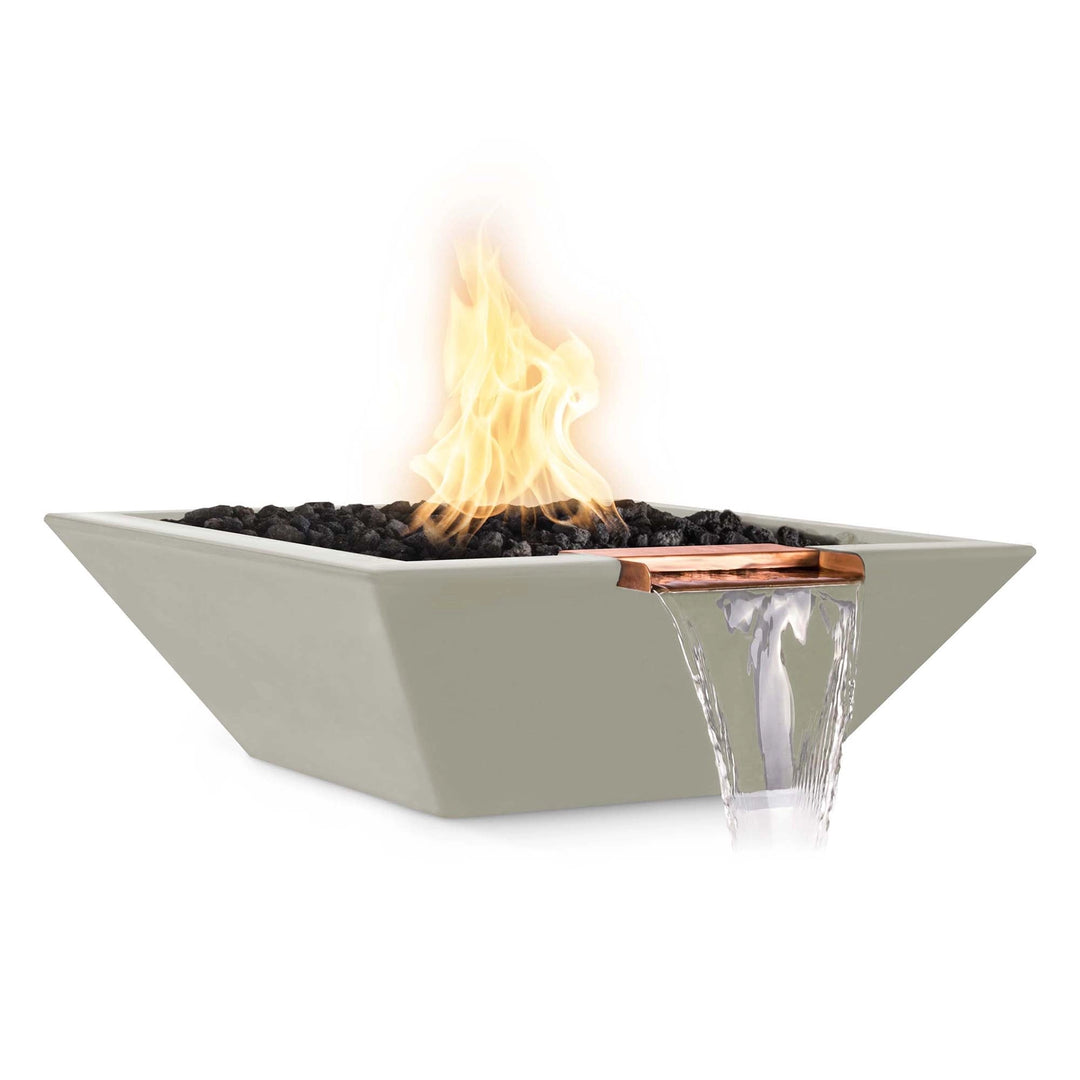 The Outdoor Plus 30" square concrete Maya fire and water bowl in ash finish, featuring a sleek design with a cascading water flow and vibrant fire display. Perfect for outdoor spaces, this fire and water bowl is crafted from durable concrete and includes a copper spillway for an elegant touch. Ideal for modern backyard or patio settings. Use for fire pits and water features