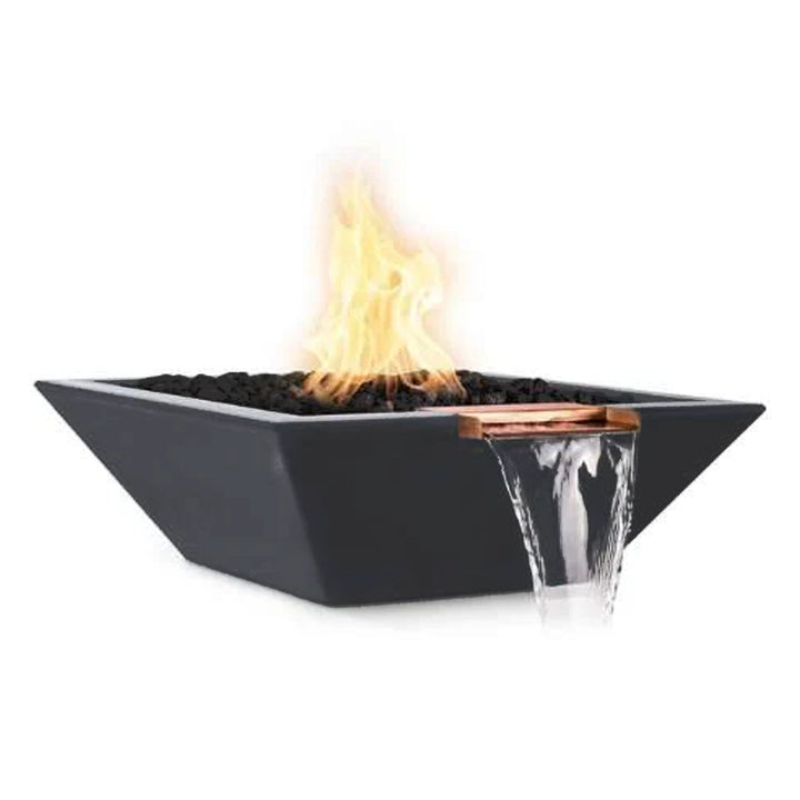 The Outdoor Plus 30" square concrete Maya fire and water bowl in black finish, showcasing the perfect combination of a blazing fire and gentle water feature. Constructed from premium concrete, this fire bowl adds sophistication to any outdoor living space with its copper spillway and minimalist design. Suitable for patios, poolsides, and gardens