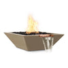 The Outdoor Plus 30" square concrete Maya fire and water bowl in brown finish, with its dynamic fire and water feature. Made from durable concrete with a rustic brown hue, this modern fire bowl is perfect for outdoor landscapes, offering both warmth and tranquility. Features a copper water spillway for added elegance in backyards or luxury patios