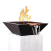 The Outdoor Plus 30" square concrete Maya fire and water bowl in chocolate finish, combining a striking fire display and serene water flow for a harmonious outdoor centerpiece. Built with high-quality concrete and accented by a copper spillway, this fire bowl is designed to enhance the aesthetics of outdoor patios or pool areas. Ideal for fire pits with water features