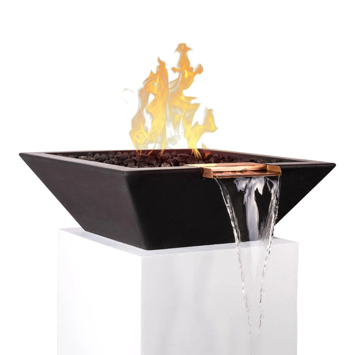 The Outdoor Plus 30" square concrete Maya fire and water bowl in chocolate finish, combining a striking fire display and serene water flow for a harmonious outdoor centerpiece. Built with high-quality concrete and accented by a copper spillway, this fire bowl is designed to enhance the aesthetics of outdoor patios or pool areas. Ideal for fire pits with water features