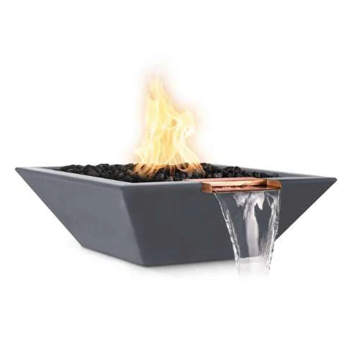 The Outdoor Plus 30" square concrete Maya fire and water bowl in gray finish, offering a clean and modern aesthetic with its dual fire and water functionality. Featuring a durable concrete body and copper spillway, this bowl delivers an enchanting ambiance to outdoor spaces, including patios and decks. Suitable for both residential and commercial outdoor areas