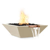 The Outdoor Plus 30" square concrete Maya fire and water bowl in vanilla finish, crafted for luxury outdoor spaces with a stunning combination of fire and water. Made from premium concrete with a copper spillway, this fire bowl creates an inviting atmosphere perfect for modern backyard settings or high-end patio designs.