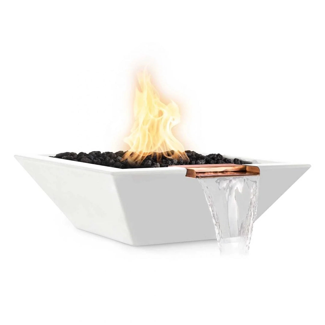 The Outdoor Plus 30" square concrete Maya fire and water bowl in white finish, designed for a minimalist outdoor style. Featuring a captivating fire display and smooth water spillway, this durable concrete fire bowl is the ideal accent piece for luxury patios, gardens, or poolside areas. The white finish provides a modern touch, perfect for sleek outdoor decor