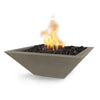 The Outdoor Plus 30-inch Square Concrete Maya Fire Bowl in Ash finish. This sleek, contemporary fire bowl offers a stunning centerpiece for outdoor settings, crafted from durable concrete with a subtle gray ash hue. Ideal for modern outdoor spaces, this fire bowl enhances patios, poolsides, or backyards with its elegant design. Featuring a square shape and filled with lava rock for a natural flame presentation.