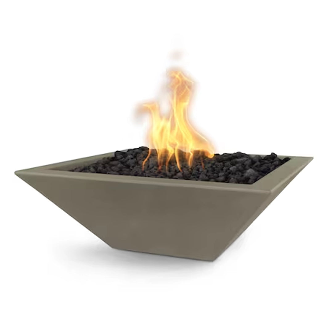 The Outdoor Plus 30-inch Square Concrete Maya Fire Bowl in Ash finish. This sleek, contemporary fire bowl offers a stunning centerpiece for outdoor settings, crafted from durable concrete with a subtle gray ash hue. Ideal for modern outdoor spaces, this fire bowl enhances patios, poolsides, or backyards with its elegant design. Featuring a square shape and filled with lava rock for a natural flame presentation.