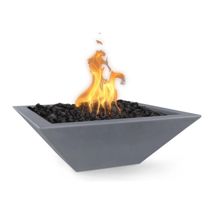 The Outdoor Plus 30-inch Square Concrete Maya Fire Bowl in Gray finish. Featuring a minimalist design with a stylish gray tone, this fire bowl is perfect for contemporary outdoor environments. Constructed from solid concrete and filled with lava rocks for an elegant flame display, it is a must-have for modern patios and backyard spaces.