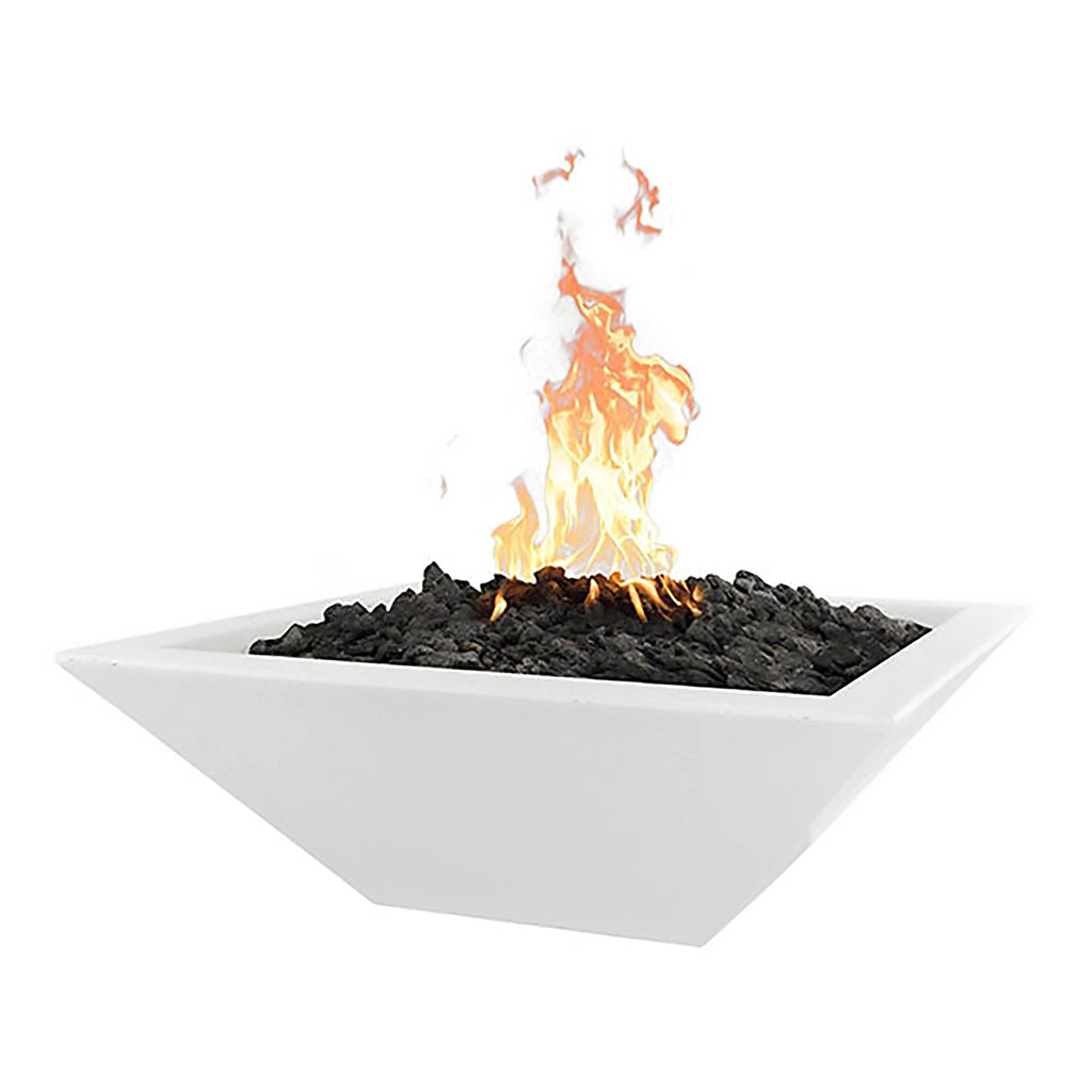 The Outdoor Plus 30-inch Square Concrete Maya Fire Bowl in White finish. With its pristine white color and modern design, this fire bowl brings a sense of luxury to outdoor environments. Made from high-quality concrete and filled with lava rock, this fire bowl provides a beautiful flame display, ideal for patios and poolside areas