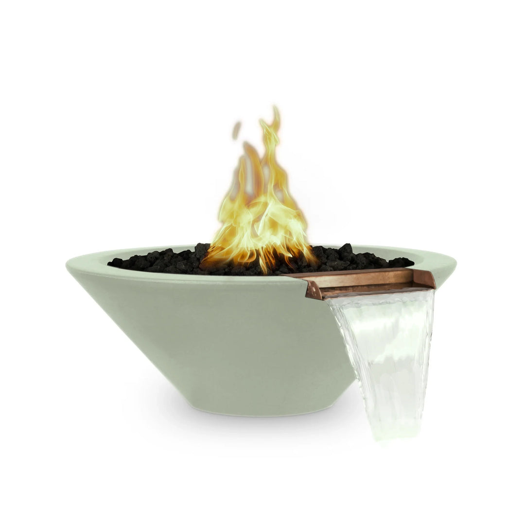 The Outdoor Plus 31" Round Concrete Cazo Fire and Water Bowl in ash color, featuring a smooth concrete surface with a copper spout. This fire and water bowl delivers a captivating flame with a flowing water feature. Ideal for enhancing outdoor spaces like patios, gardens, or poolside.