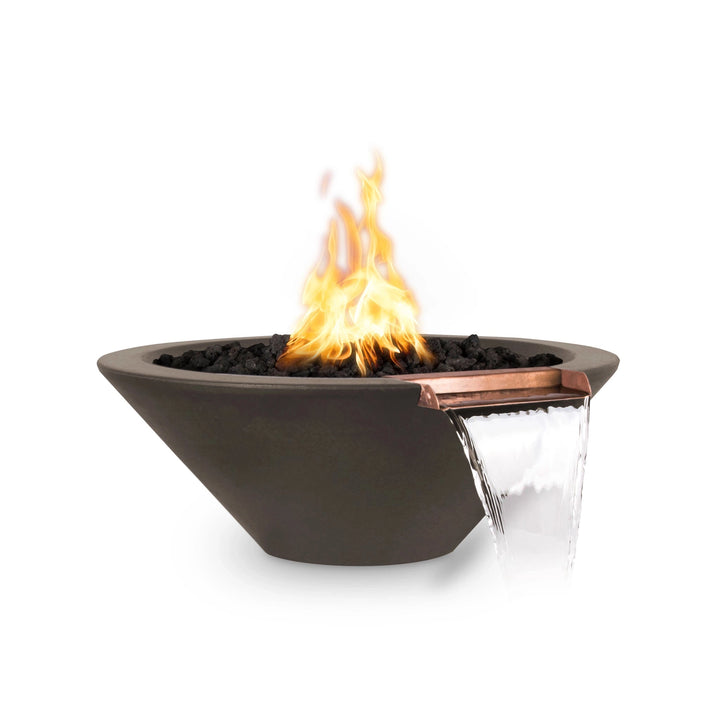 The Outdoor Plus 31" Round Concrete Cazo Fire and Water Bowl in chocolate color, displaying a refined concrete finish and copper water spout. This versatile piece enhances outdoor spaces with both fire and water elements, creating a luxurious atmosphere for entertaining guests.