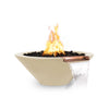 The Outdoor Plus 31" Round Concrete Cazo Fire and Water Bowl in vanilla color, offering a smooth concrete finish with a copper spout for the water feature. A striking combination of fire and water makes this bowl a luxurious and relaxing element for poolside or patio installations.