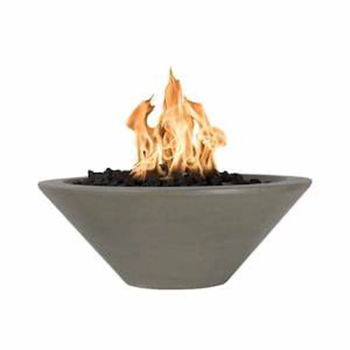 The Outdoor Plus 31-inch round concrete Cazo fire bowl in ash gray finish features a modern, minimalist design with a durable concrete construction and a round shape. Ideal for outdoor patios and gardens, this fire bowl adds a luxurious and functional centerpiece with a sleek ash gray color. Suitable for propane or natural gas, this fire bowl is perfect for backyard fire pit areas.