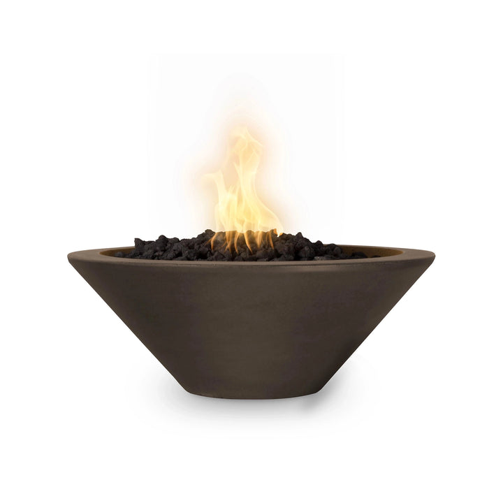 The Outdoor Plus 31-inch round concrete Cazo fire bowl in a rich chocolate finish offers a luxurious design with a deep brown tone. This round fire bowl is crafted from durable concrete and is perfect for creating an inviting atmosphere in outdoor areas. Available for use with propane or natural gas, this fire pit is both elegant and functional.