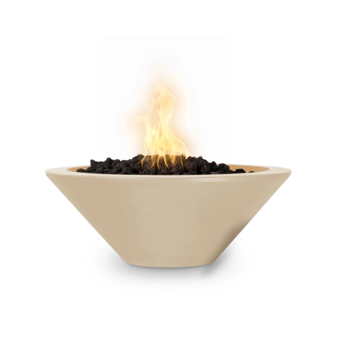 The Outdoor Plus 31-inch round concrete Cazo fire bowl in a vanilla finish offers a clean and elegant aesthetic for any outdoor setting. The neutral vanilla tone blends seamlessly into modern or traditional outdoor designs. Built from strong concrete, this fire bowl supports propane or natural gas, making it both stylish and functional.