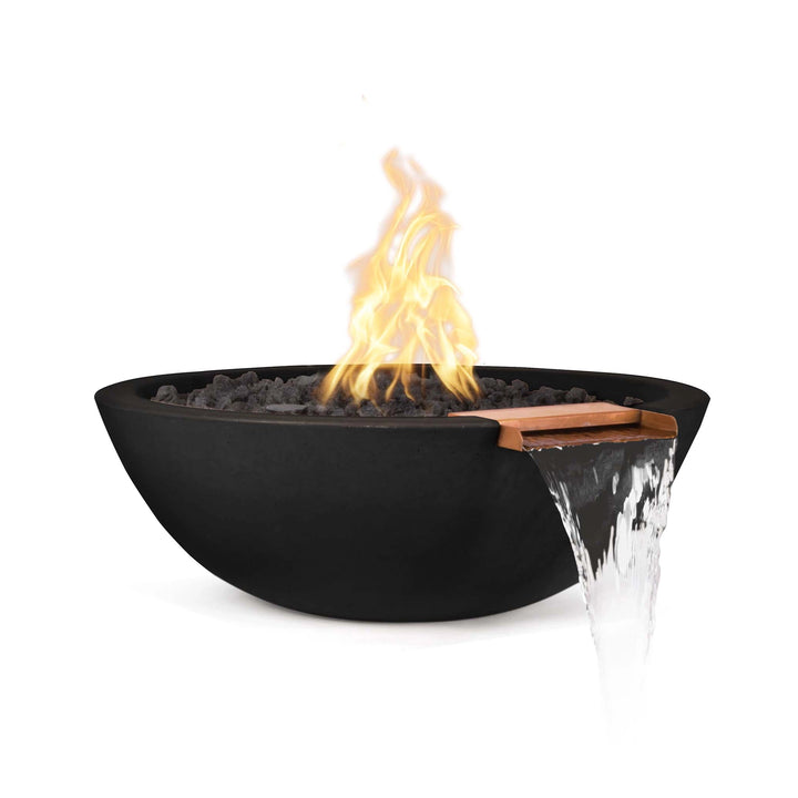 The Outdoor Plus 33" Round Concrete Sedona Fire and Water Bowl in black finish, featuring a striking flame with water cascading elegantly from the copper spout. This premium outdoor fire and water bowl is designed to enhance patios and landscape designs with a modern touch. Ideal for combining fire and water elements.