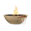 The Outdoor Plus 33" Round Concrete Sedona Fire and Water Bowl in brown finish, blending rustic charm with a dramatic flame and gentle water spill from the copper spout. This handcrafted concrete bowl is perfect for luxurious outdoor fire and water displays in patios or gardens.