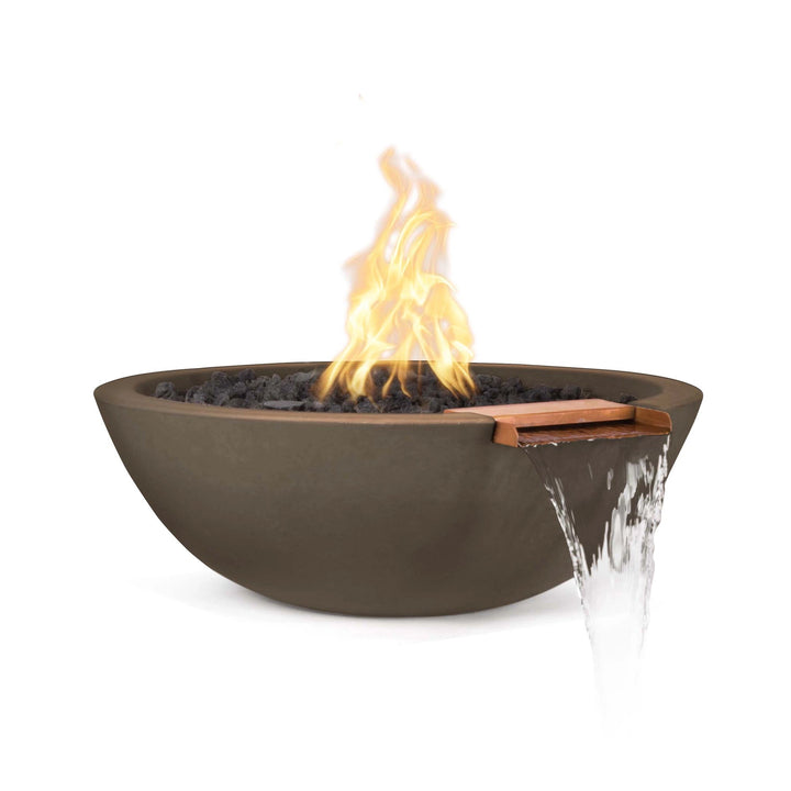 The Outdoor Plus 33" Round Concrete Sedona Fire and Water Bowl in chocolate finish, combining the warmth of a fire with the calming flow of water over a copper spout. The high-quality concrete construction is designed for outdoor use, adding a touch of sophistication to fire pit installations and water features.