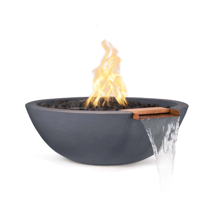 The Outdoor Plus 33" Round Concrete Sedona Fire and Water Bowl in gray finish, featuring a seamless flame and water display from the copper spillway. This durable concrete fire and water bowl offers both visual appeal and functionality for outdoor spaces, perfect for creating a tranquil yet dramatic ambiance.