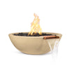 The Outdoor Plus 33" Round Concrete Sedona Fire and Water Bowl in vanilla finish, blending fire and water elements with a sleek copper spillway for a modern outdoor design. This high-quality concrete bowl offers both functionality and beauty, perfect for adding elegance to luxury outdoor fire pit and water feature setups