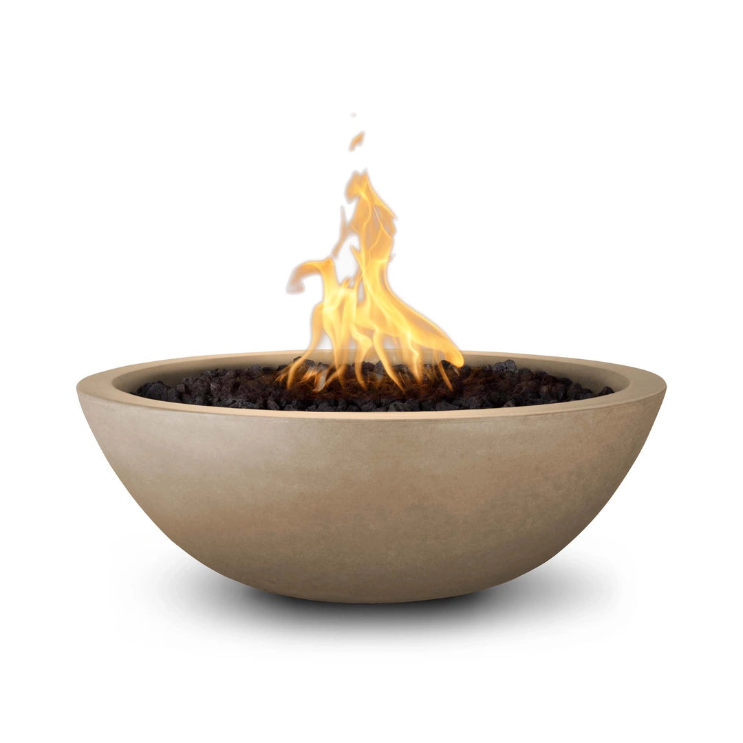 The Outdoor Plus 33" Round Concrete Sedona Fire Bowl in brown finish, blending rustic charm with a dramatic flame and gentle water spill from the copper spout. This handcrafted concrete bowl is perfect for luxurious outdoor fire displays in patios or gardens.