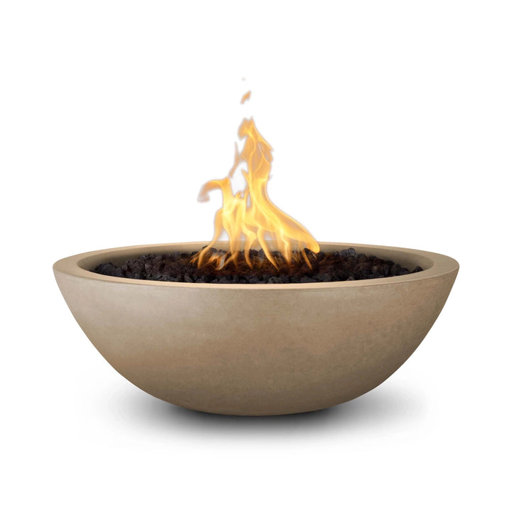 The Outdoor Plus 33" Round Concrete Sedona Fire Bowl in brown finish, blending rustic charm with a dramatic flame and gentle water spill from the copper spout. This handcrafted concrete bowl is perfect for luxurious outdoor fire displays in patios or gardens.