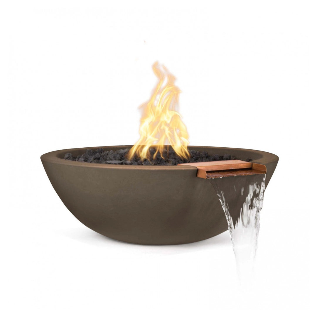 The Outdoor Plus 33" Round Concrete Sedona Fire Bowl in chocolate finish, combining the warmth of a fire with the calming flow of water over a copper spout. The high-quality concrete construction is designed for outdoor use, adding a touch of sophistication to fire pit installations