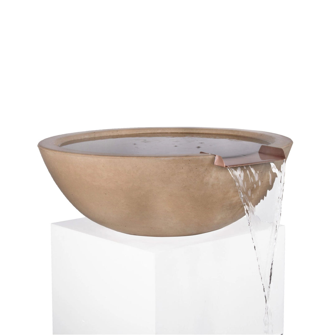 The Outdoor Plus 33" Round Concrete Sedona Water Bowl in a smooth beige finish, featuring a polished copper waterfall spout. This luxurious water bowl is perfect for adding a tranquil water feature to any outdoor space, such as patios, gardens, or poolside areas. Designed with a durable concrete body, the Sedona Water Bowl offers a sleek aesthetic and long-lasting performance.