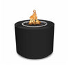 The Outdoor Plus 36" Beverly Steel Gas Fire Pit in black powder-coated steel, featuring a cylindrical shape with a matte black finish. Flames are seen burning over black lava rocks, adding a dramatic contrast to the dark surface of the fire pit. This fire pit is designed for outdoor use and provides a bold, contemporary aesthetic for modern patio or backyard environments.