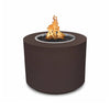 The Outdoor Plus 36" Beverly Steel Gas Fire Pit in copper vein powder-coated steel, showcasing a rich, textured surface with a bronze hue. Flames rise over the black lava rocks, creating a warm and inviting atmosphere for outdoor spaces. The copper vein finish gives this fire pit a rustic yet modern appearance, ideal for patios, backyards, or garden settings.