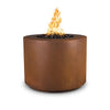 The Outdoor Plus 36" Beverly Steel Gas Fire Pit in Corten Steel, featuring a cylindrical shape with a rustic, weathered steel finish. The fire pit offers a durable design with a unique patina, ideal for enhancing outdoor spaces. Designed for natural gas or propane, this modern fire pit includes black lava rocks and produces a captivating flame. Perfect for patios, gardens, and backyards looking for a weathered, industrial style.