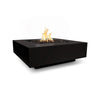 The Outdoor Plus 36-inch Cabo Square Concrete Gas Fire Pit in black. Sleek, contemporary fire pit design with a square shape and minimalist black finish. Perfect for creating a focal point in outdoor living areas. Includes gas burner and lava rocks, designed for propane or natural gas fire pit installations