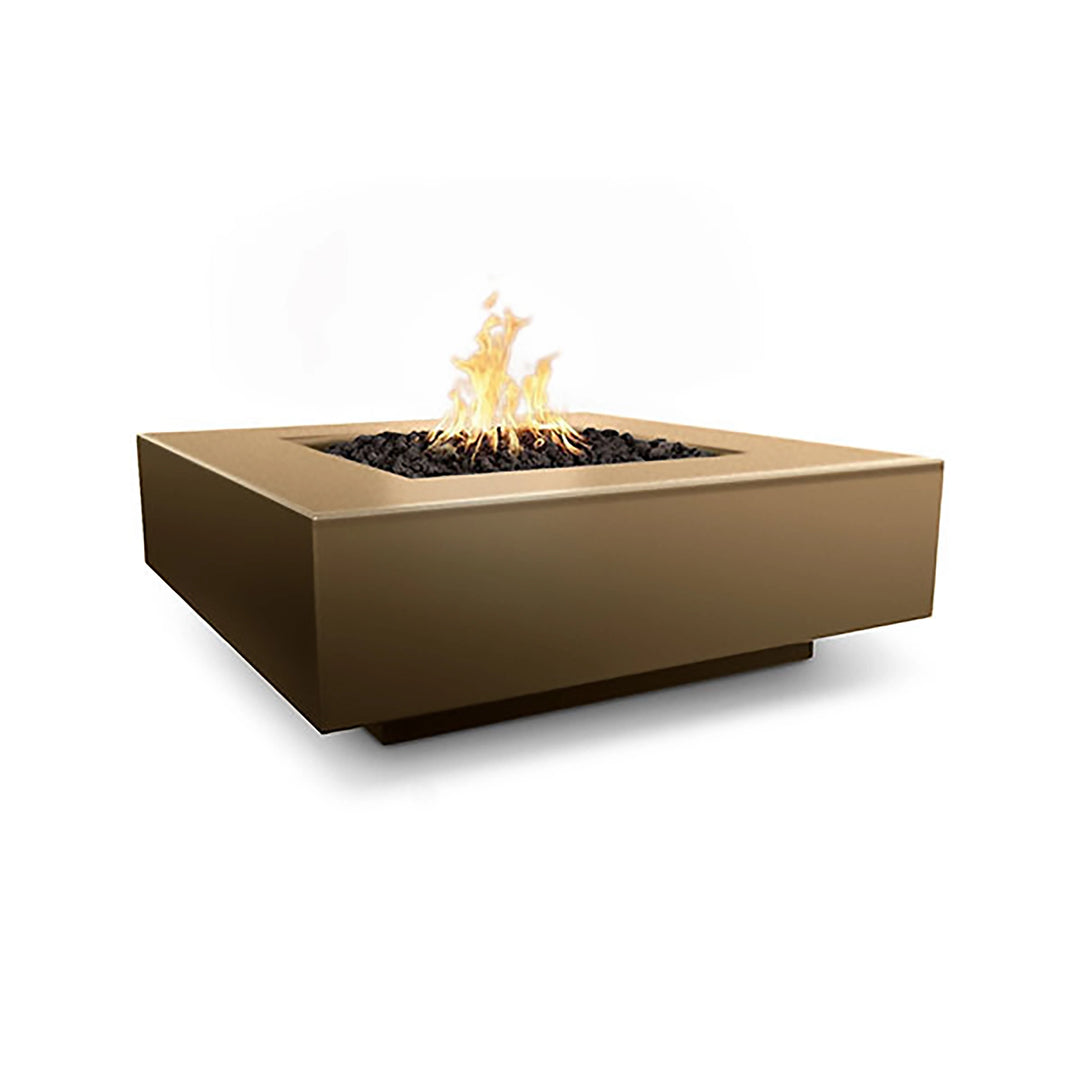 Close-up of The Outdoor Plus 36-inch Cabo Square Concrete Gas Fire Pit in bronze finish. A stylish and functional centerpiece with a durable concrete body and bronze-colored surface, offering a sophisticated touch to any outdoor setting. Includes lava rocks and is compatible with gas or propane systems