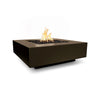 Detailed view of The Outdoor Plus 36-inch Cabo Square Concrete Gas Fire Pit in chocolate. The rich chocolate finish enhances the fire pit’s modern aesthetic, making it an elegant outdoor heating solution. Constructed from durable concrete, it offers a built-in gas burner with decorative lava rocks for added visual appeal.