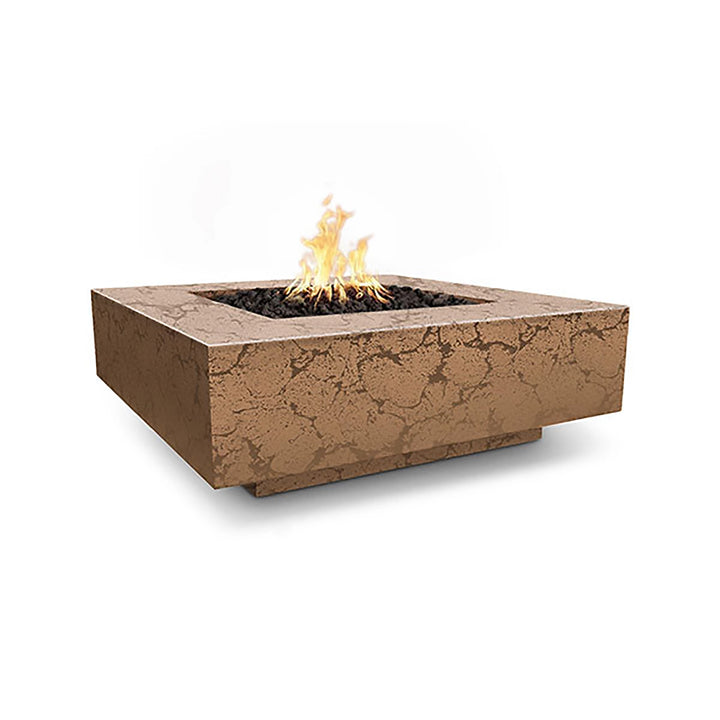 The Outdoor Plus 36-inch Cabo Square Concrete Gas Fire Pit in coffee color displayed on a patio. Featuring a warm coffee finish and square profile, this fire pit blends seamlessly into any outdoor decor. It is equipped with a powerful gas burner and black lava rocks to create a relaxing ambiance