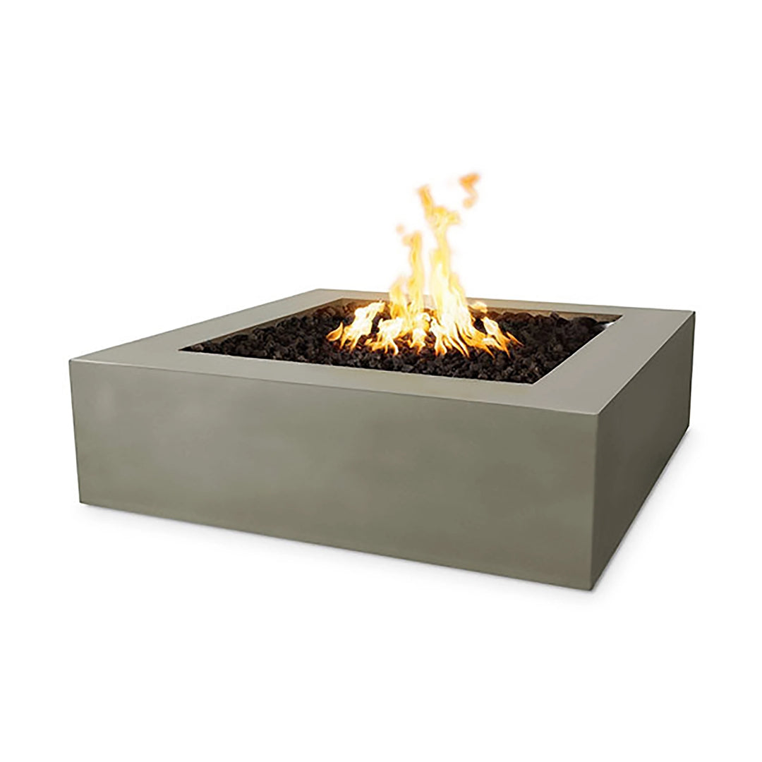 The Outdoor Plus 36-inch Quad Concrete Gas Fire Pit in Ash, featuring a sleek, modern square design with a smooth surface. This durable concrete fire pit is perfect for contemporary outdoor spaces, providing warmth and ambiance with its gas-powered flame. Ideal for luxury outdoor settings, large backyard patios, and entertainment areas, this ash-colored fire pit enhances both function and style.