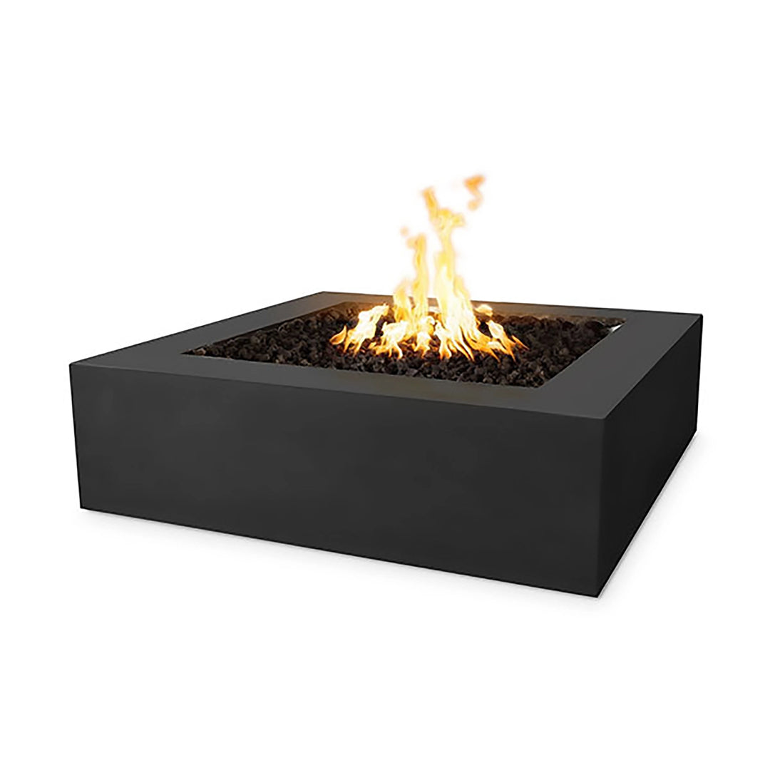 The Outdoor Plus 36-inch Quad Concrete Gas Fire Pit in Black, characterized by its bold, sleek square structure and minimalist aesthetic. This gas fire pit offers a striking contrast to any outdoor environment, enhancing the patio or garden's contemporary feel. Crafted from durable concrete, this piece is designed for both residential and commercial outdoor spaces.