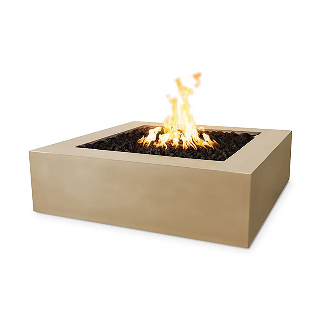 The Outdoor Plus 36-inch Quad Concrete Gas Fire Pit in Brown, providing a warm, natural tone to any outdoor space. The robust square design, made from high-quality concrete, offers both durability and a pleasing aesthetic for backyards, patios, and gardens. This fire pit brings modern function with timeless beauty, delivering heat and atmosphere to outdoor gatherings.