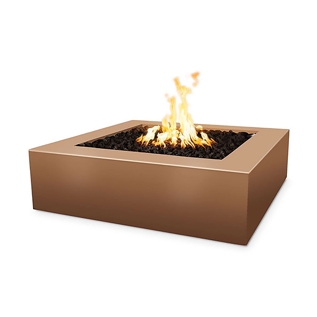 The Outdoor Plus 36-inch Quad Concrete Gas Fire Pit in Copper, standing out with its unique metallic finish that brings a distinct flair to any outdoor space. The clean, square design of this fire pit pairs durability with aesthetic appeal, making it an excellent choice for contemporary outdoor settings. This fire pit offers both warmth and style for outdoor gatherings.