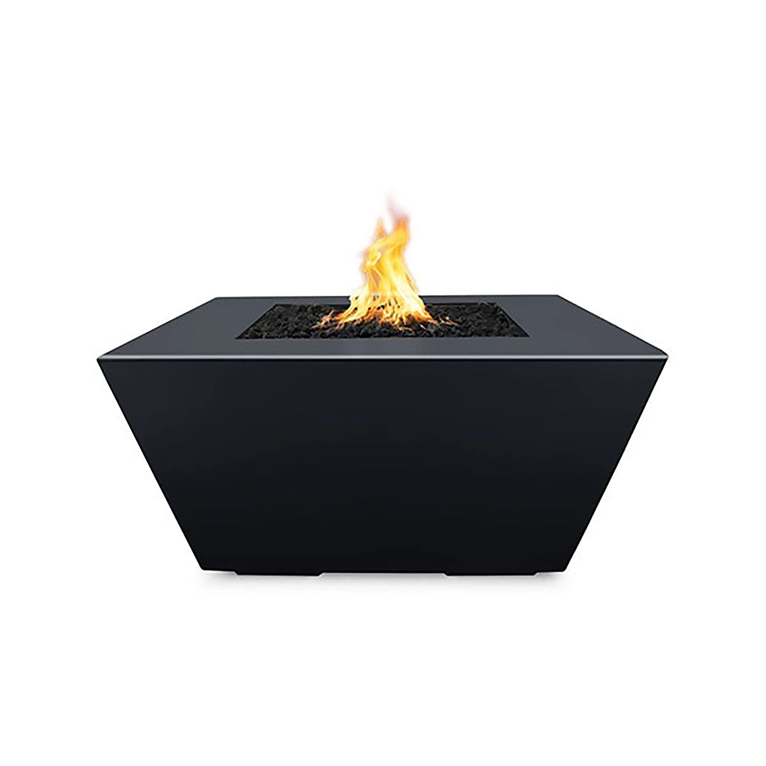 The Outdoor Plus 36" Redan Concrete Gas Fire Pit in black, presenting a sleek and modern design with a bold black concrete finish. Perfect for any outdoor living space, this gas fire pit creates a striking contrast with its surroundings while offering warmth and durability.