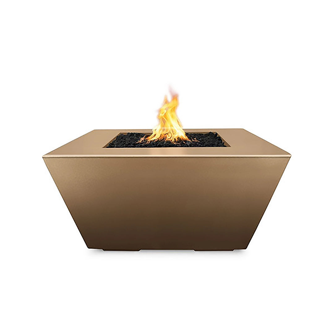 The Outdoor Plus 36" Redan Concrete Gas Fire Pit in bronze, showcasing a luxurious and warm bronze hue. Its sharp geometric lines and elegant design make it an ideal centerpiece for upscale outdoor spaces. This gas fire pit provides excellent heat output while blending seamlessly with both modern and classic décor.