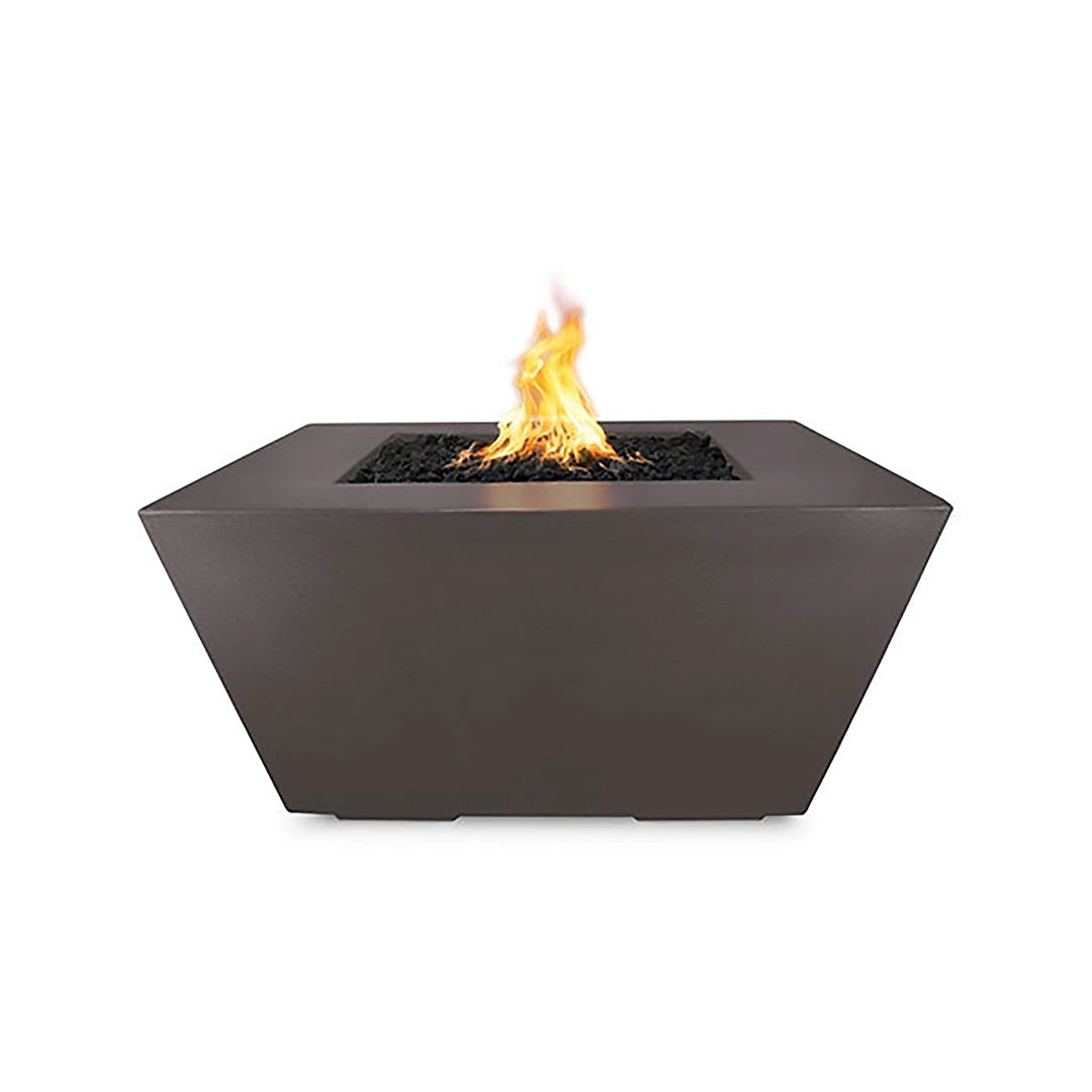 The Outdoor Plus 36" Redan Concrete Gas Fire Pit in chestnut, featuring a rich, warm chestnut color that enhances the natural aesthetic of outdoor spaces. The trapezoidal shape and chestnut finish make this fire pit a beautiful and functional addition to any outdoor décor.