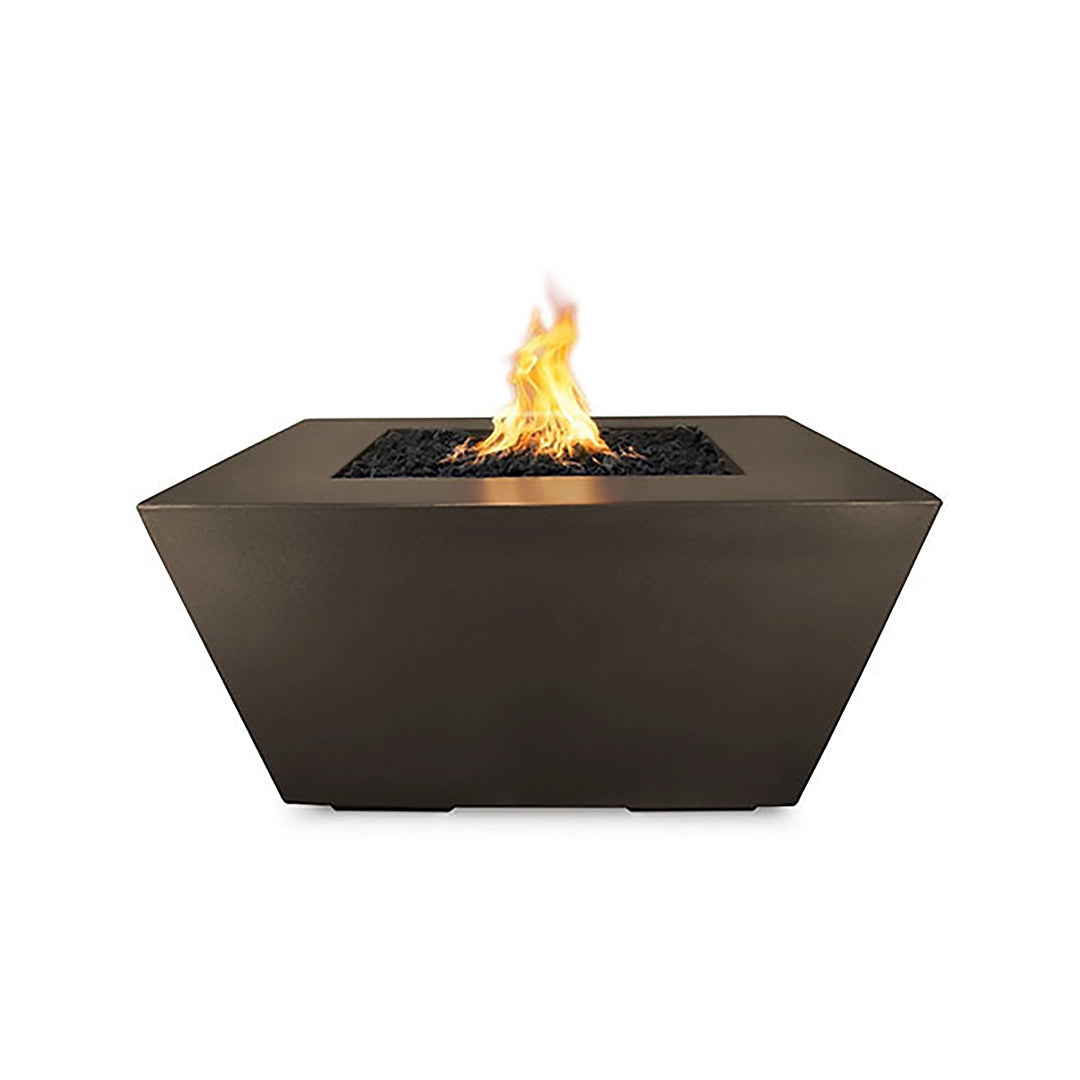 The Outdoor Plus 36" Redan Concrete Gas Fire Pit in chocolate, offering a sleek and contemporary design. The chocolate-colored concrete finish provides a warm, inviting look that complements various outdoor settings. Ideal for patios and gardens, this gas fire pit delivers warmth and style.