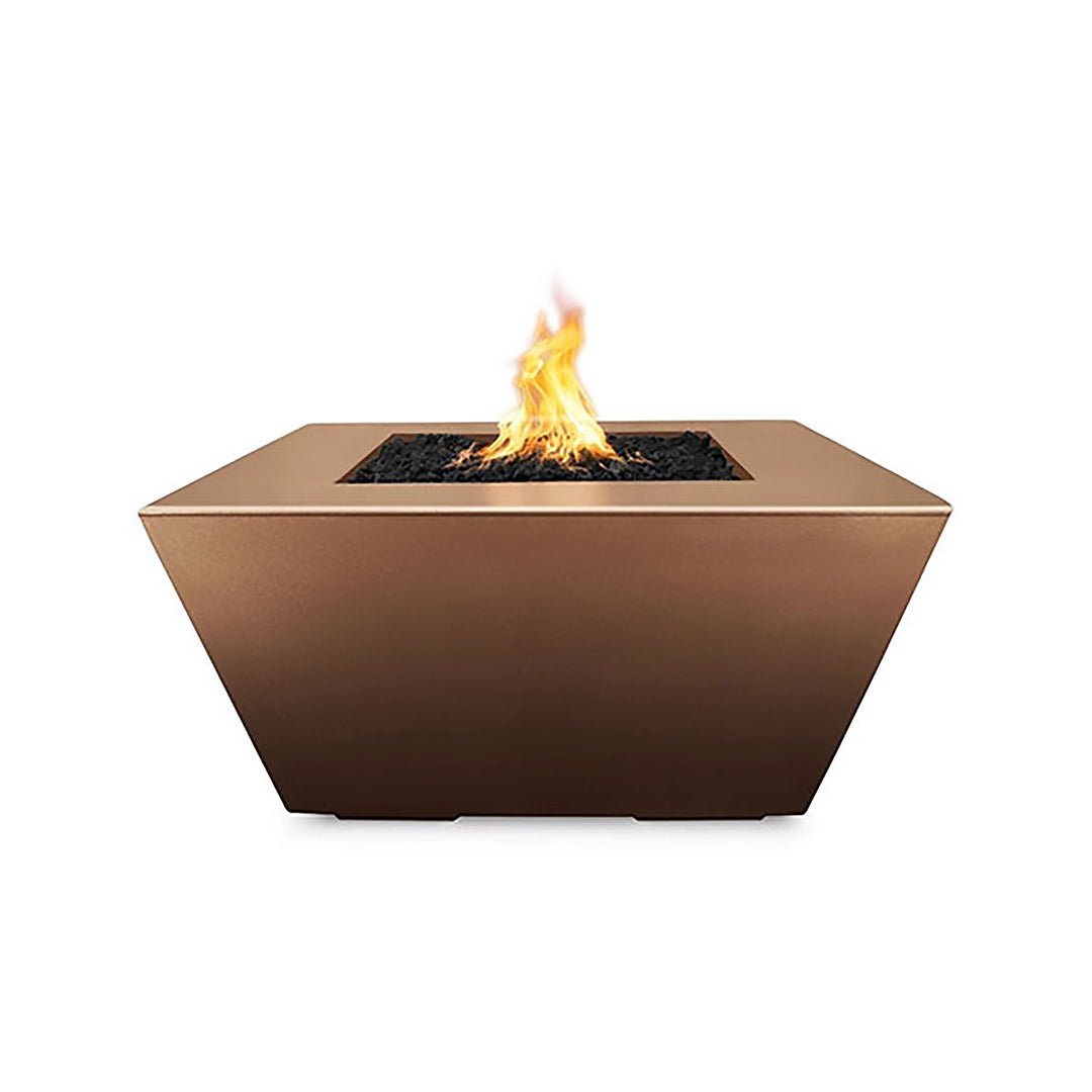 The Outdoor Plus 36" Redan Concrete Gas Fire Pit in copper, offering a luxurious and warm metallic finish. The copper hue adds a touch of elegance and luxury to outdoor living spaces, perfect for those seeking a premium aesthetic with functional fire features.