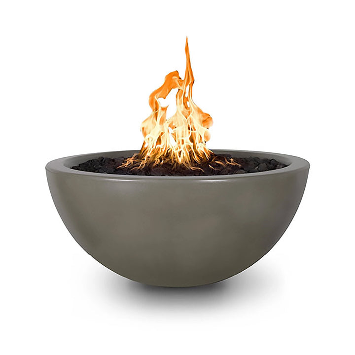 The Outdoor Plus 38-inch Luna Concrete Gas Fire Pit in ash color, showcasing a sleek, modern bowl design with a centered flame. This durable fire pit features a smooth finish and complements outdoor living spaces. Perfect for backyard use, adding warmth and ambiance. Ideal for luxury outdoor settings, large patios, and modern landscaping.