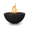 The Outdoor Plus 38-inch Luna Concrete Gas Fire Pit in black color, featuring a bold and minimalist design with a large flame rising from the center. The durable construction and modern look make it an excellent choice for contemporary outdoor spaces. Ideal for backyard gatherings, poolside installations, and luxurious outdoor living areas.